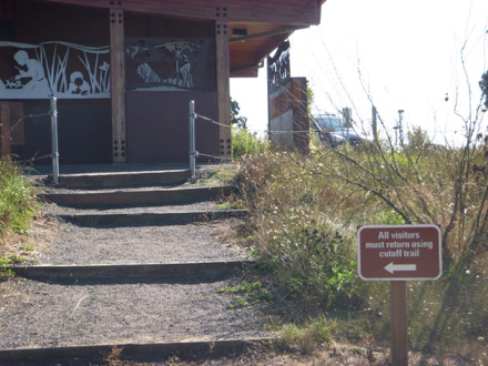 Cutoff Trail with wide steps filled with gravel from seasonal trail to the restroom and parking lot